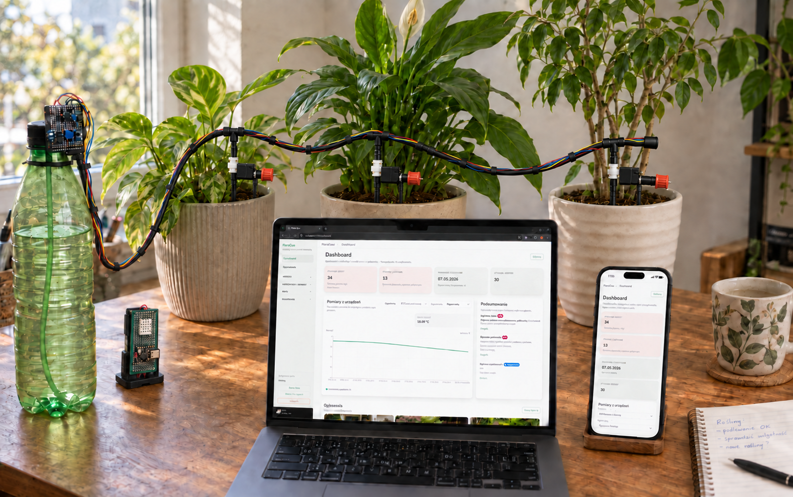 Domowe stanowisko FloraCue z trzema roślinami, szeregowym nawadnianiem, sensorami oraz aplikacją na laptopie i telefonie