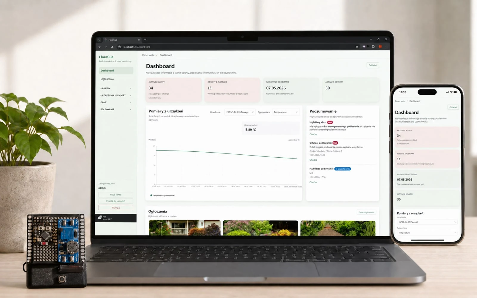 Dashboard FloraCue w widoku desktopowym i mobilnym obok modułu ESP32