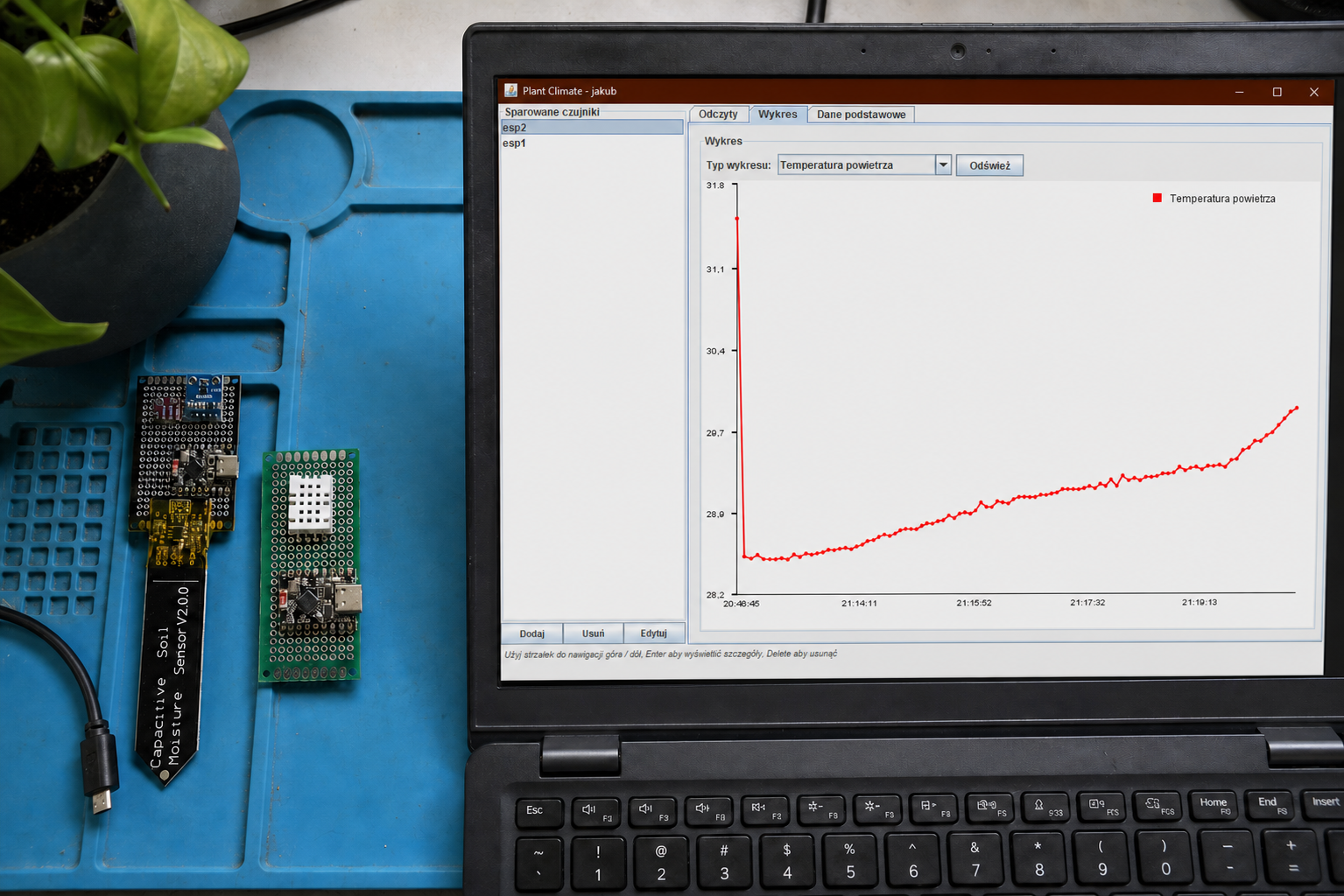 Aplikacja Plant Climate na laptopie obok rzeczywistych sensorów ESP32