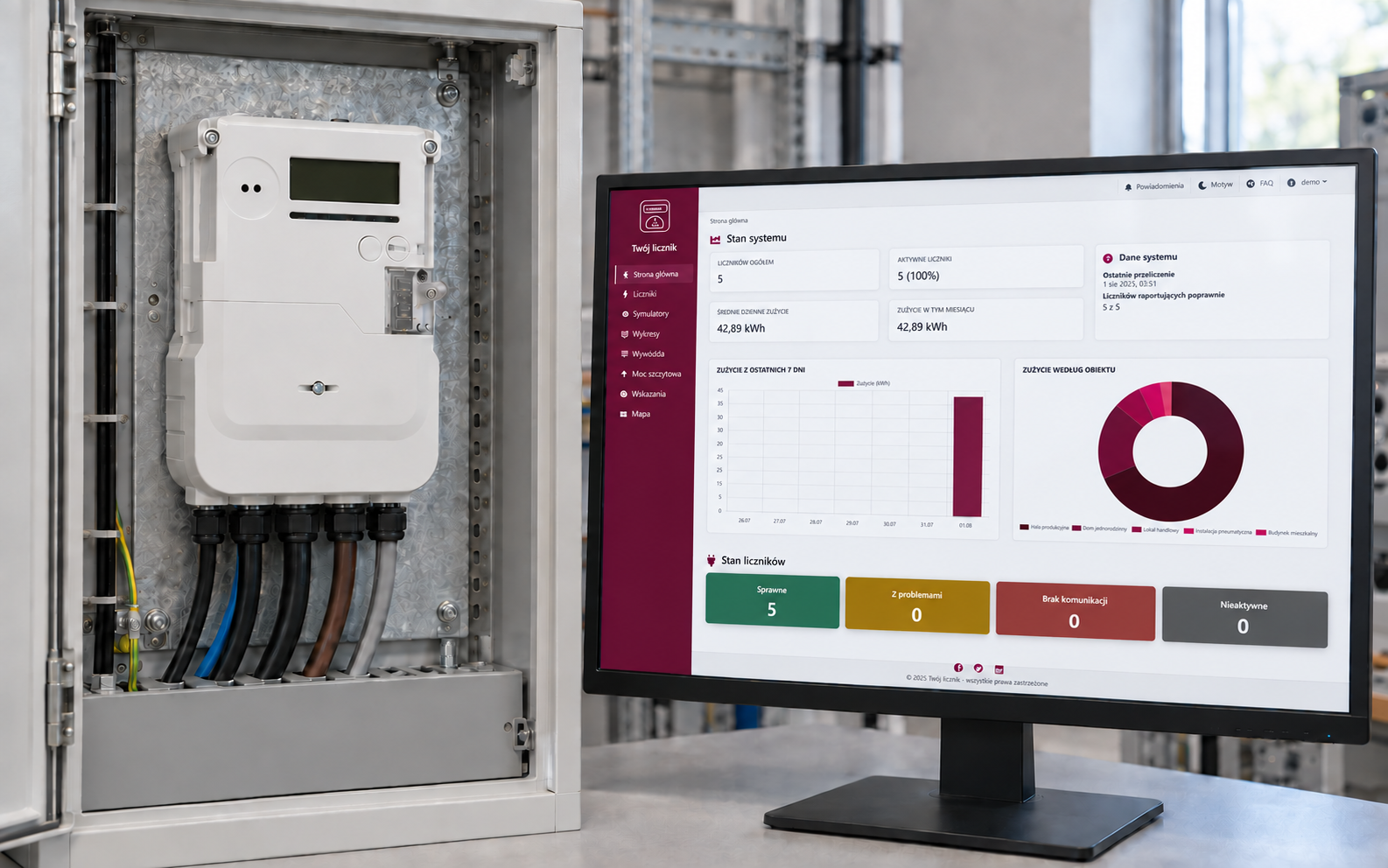 Trójfazowy licznik energii w szafie pomiarowej obok monitora z dashboardem Your Meter